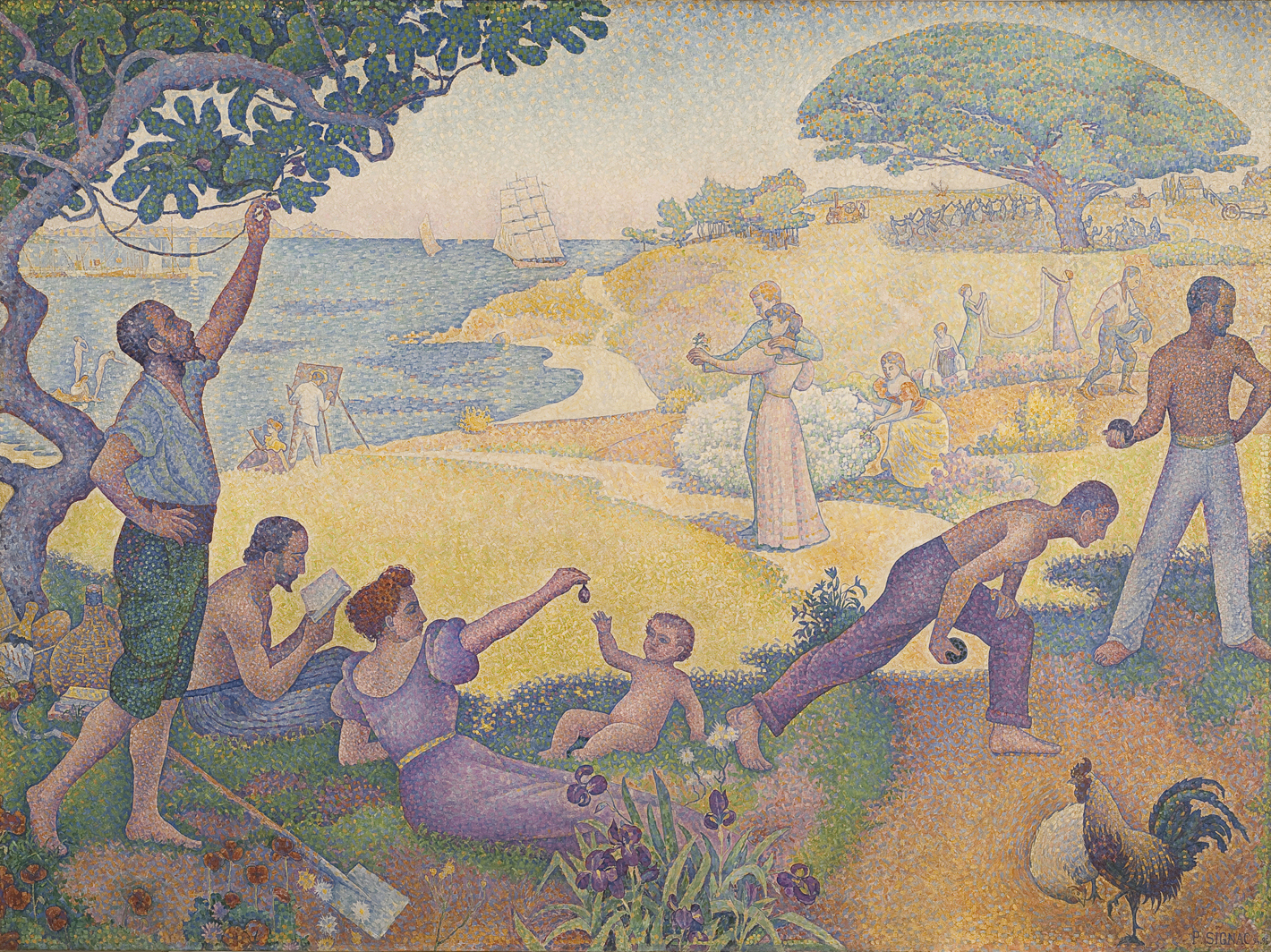 Paul Signac, In the Time of Harmony, 1893–95 — a pointillist pastoral of figures at leisure on a sunlit coast